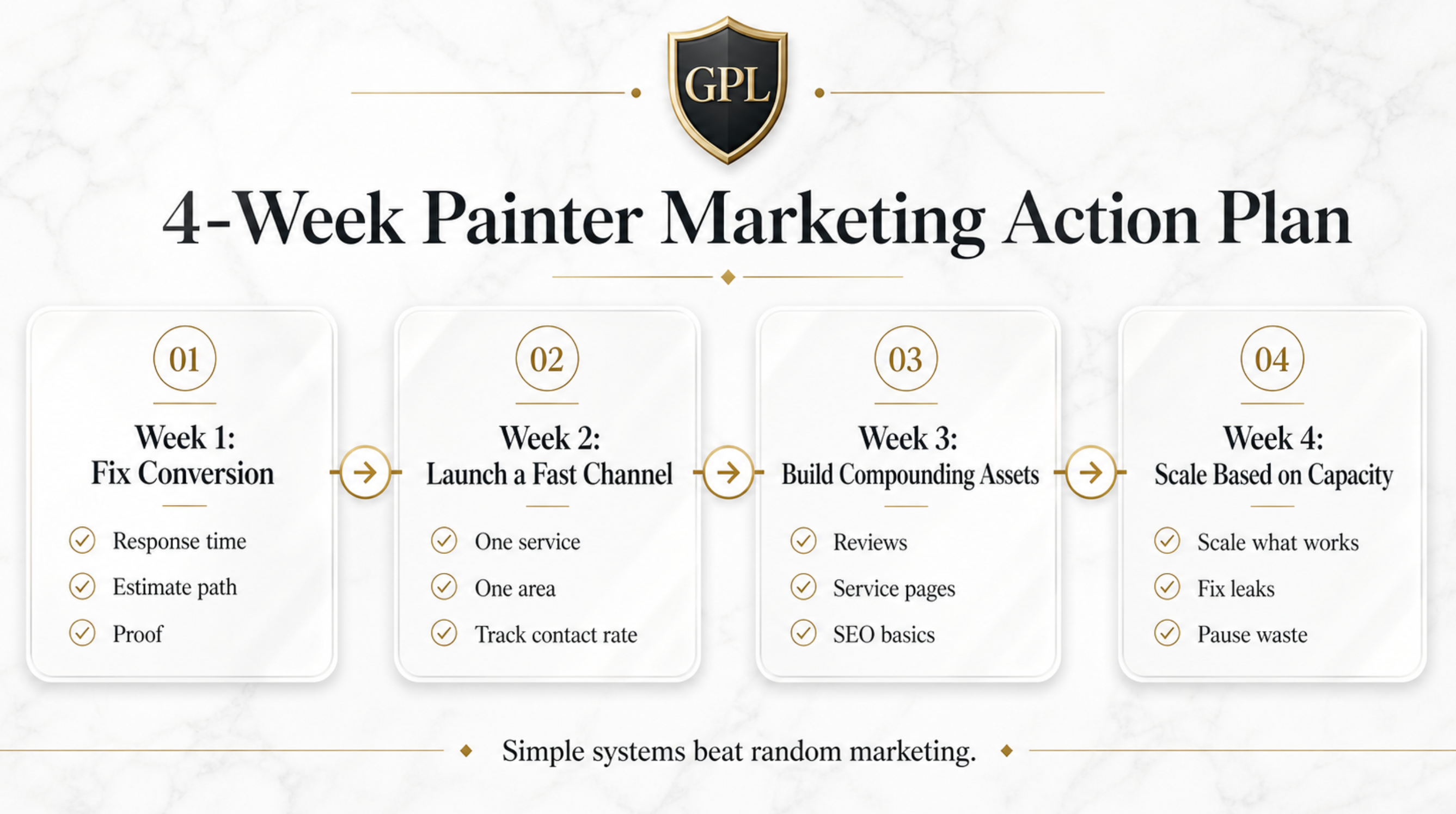 Four-week painter marketing action plan showing conversion fixes, fast channel launch, compounding assets, and scaling based on capacity