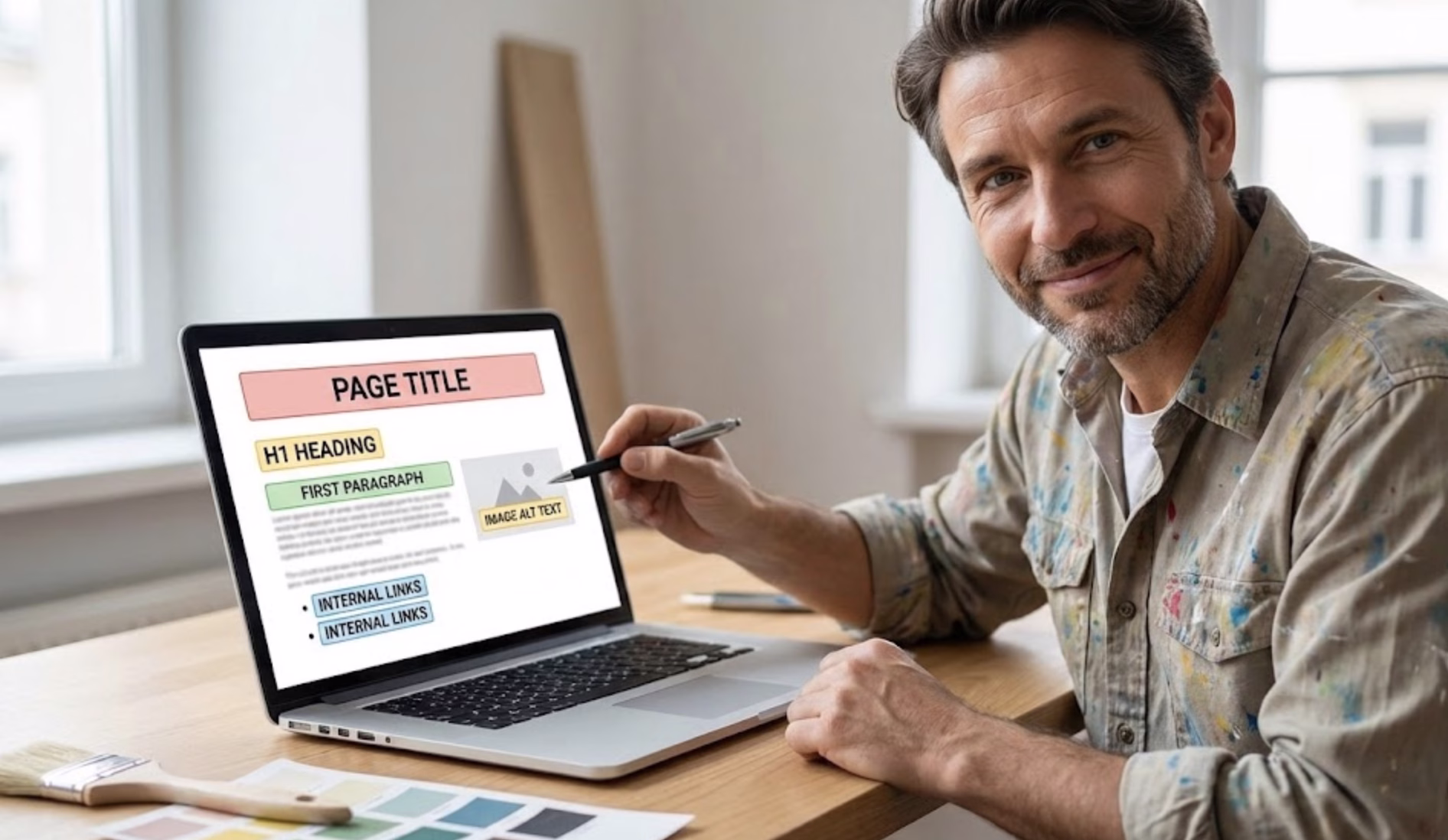 A confident painter with paint splatters on his shirt smiling while pointing a pen at a laptop screen showing a clean, structured web page draft. The screen highlights specific SEO sections labeled 'Page Title,' 'H1 Heading,' 'First Paragraph,' and 'Image Alt Text,' demonstrating proper placement of keywords for painting contractors and simple on-page optimization.
