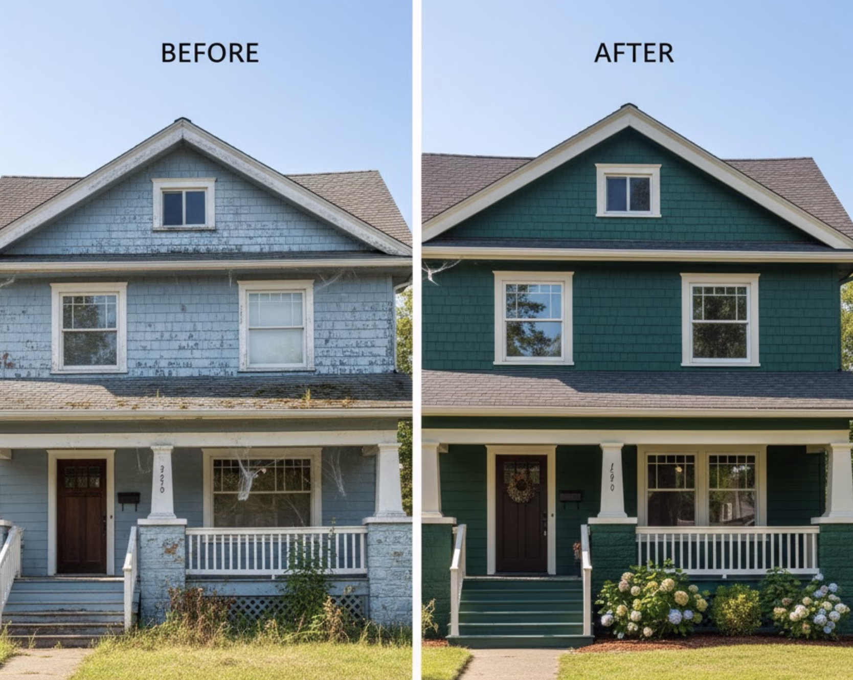 A side-by-side "Before and After" comparison of a two-story residential home. On the left, the "Before" side shows a house with faded, peeling light blue paint and an overgrown lawn. On the right, the "After" side reveals a stunning transformation with a deep forest green exterior, crisp white trim, a manicured lawn, and vibrant flowering bushes, showcasing high-quality professional craftsmanship.
