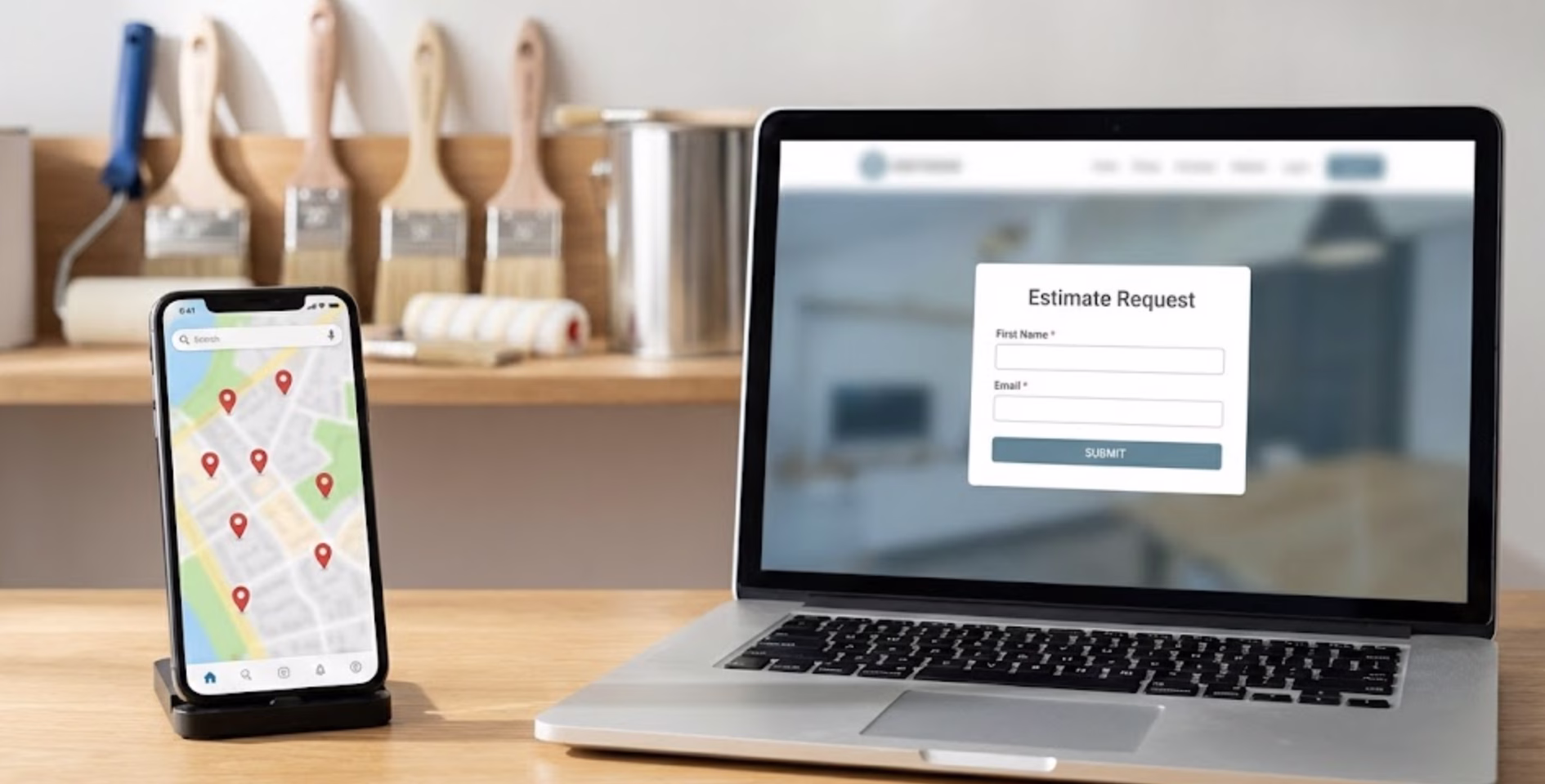 A close-up, of a professional desk setup. A smartphone on a stand displays a map application with multiple red location pins, sitting next to a laptop showing a clean "Estimate Request" landing page. In the background, paintbrushes are neatly organized on a shelf, symbolizing the seamless connection between local SEO search results and capturing Digital Marketing for Painters leads.