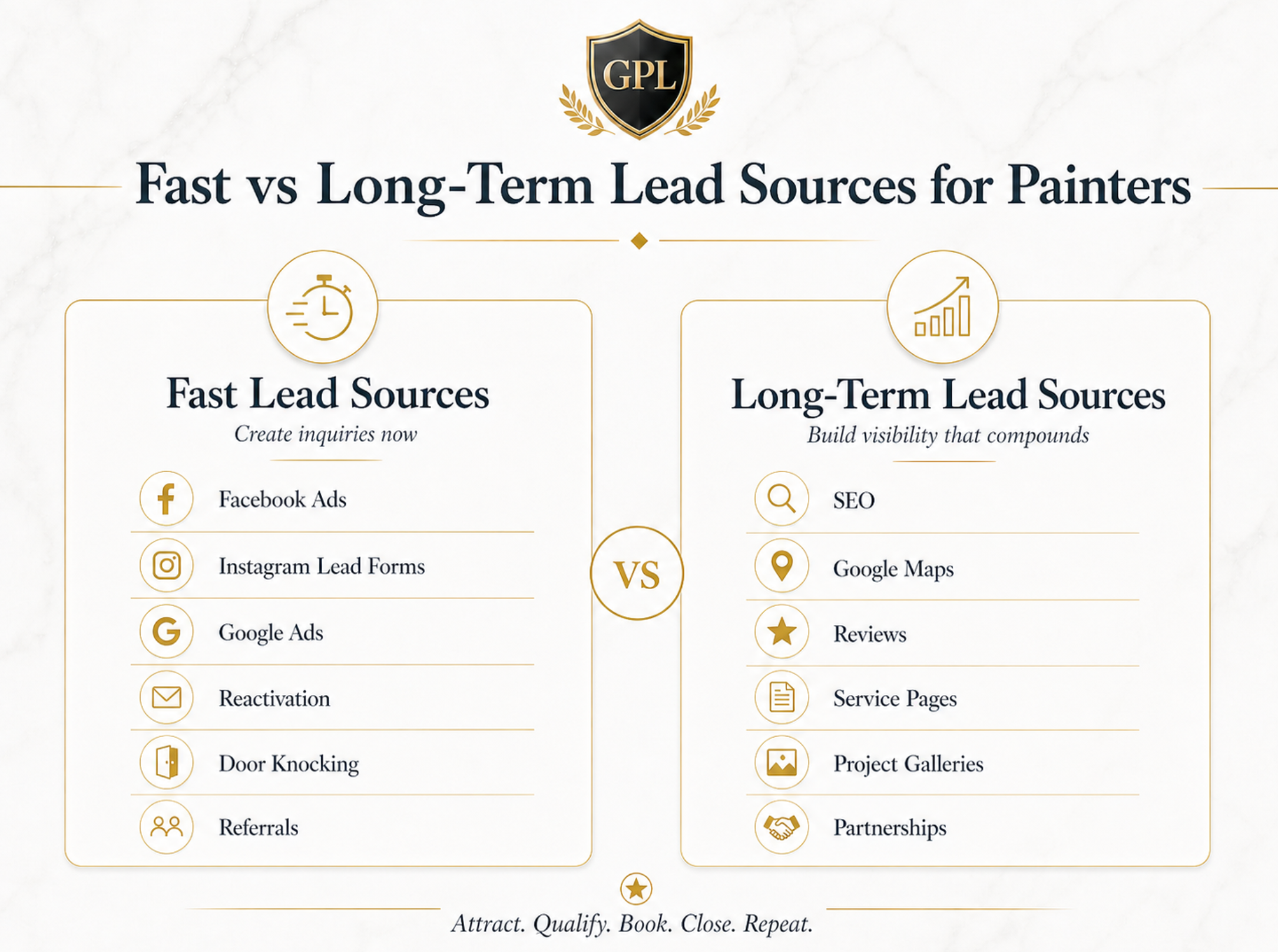 Fast versus long-term lead sources for painters showing Facebook Ads, Google Ads, reactivation, SEO, Google Maps, reviews, service pages, and partnerships