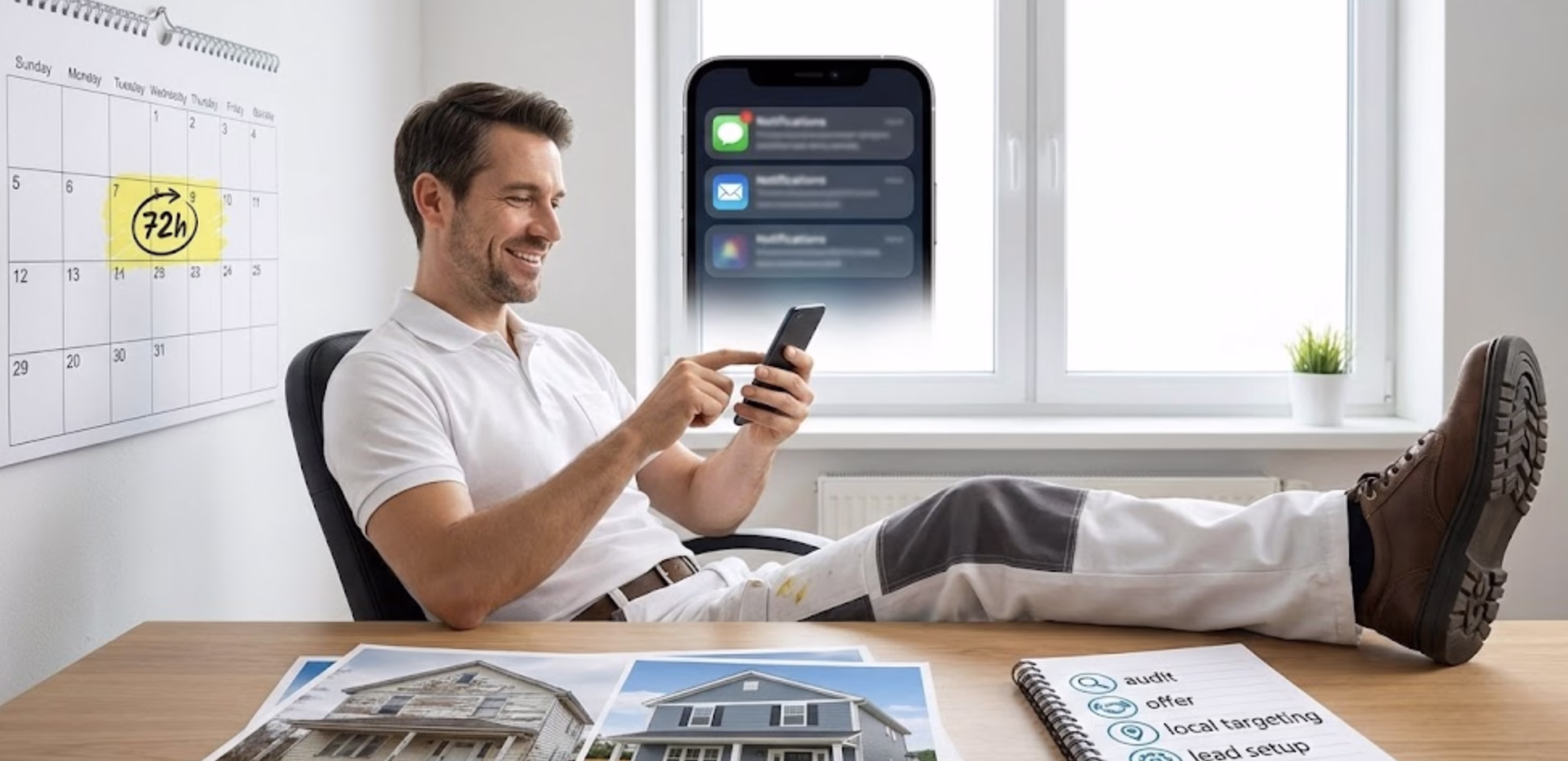 Relaxed Owner with Phone A relaxed painting business owner sitting with his feet on the desk, checking notifications on a smartphone, representing the ease of using automation to get painter leads without stress.