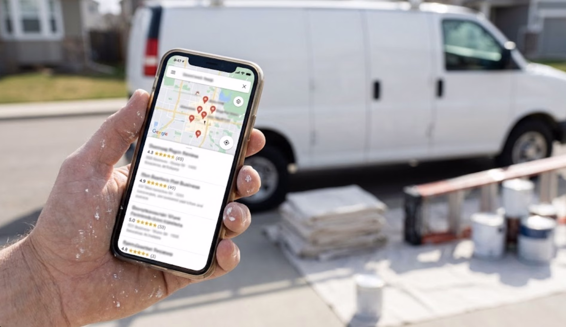 A close-up of a painter's hand holding a smartphone displaying a map interface with star ratings and reviews, with a work van in the background, demonstrating how local search can generate House Painting Leads.