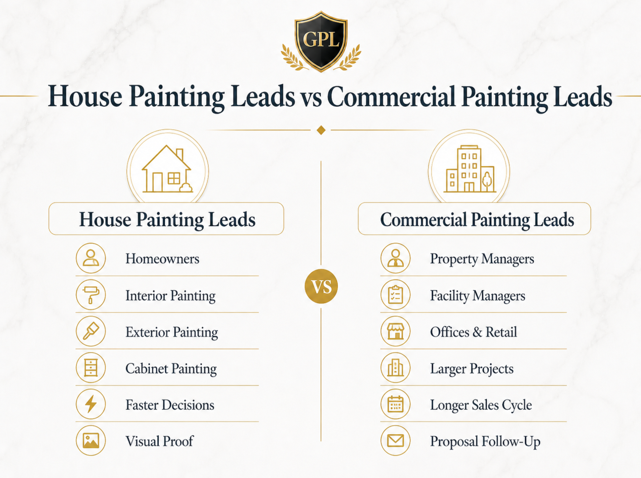 Comparison of house painting leads and commercial painting leads showing homeowners, interior and exterior jobs, property managers, larger projects, and longer sales cycles