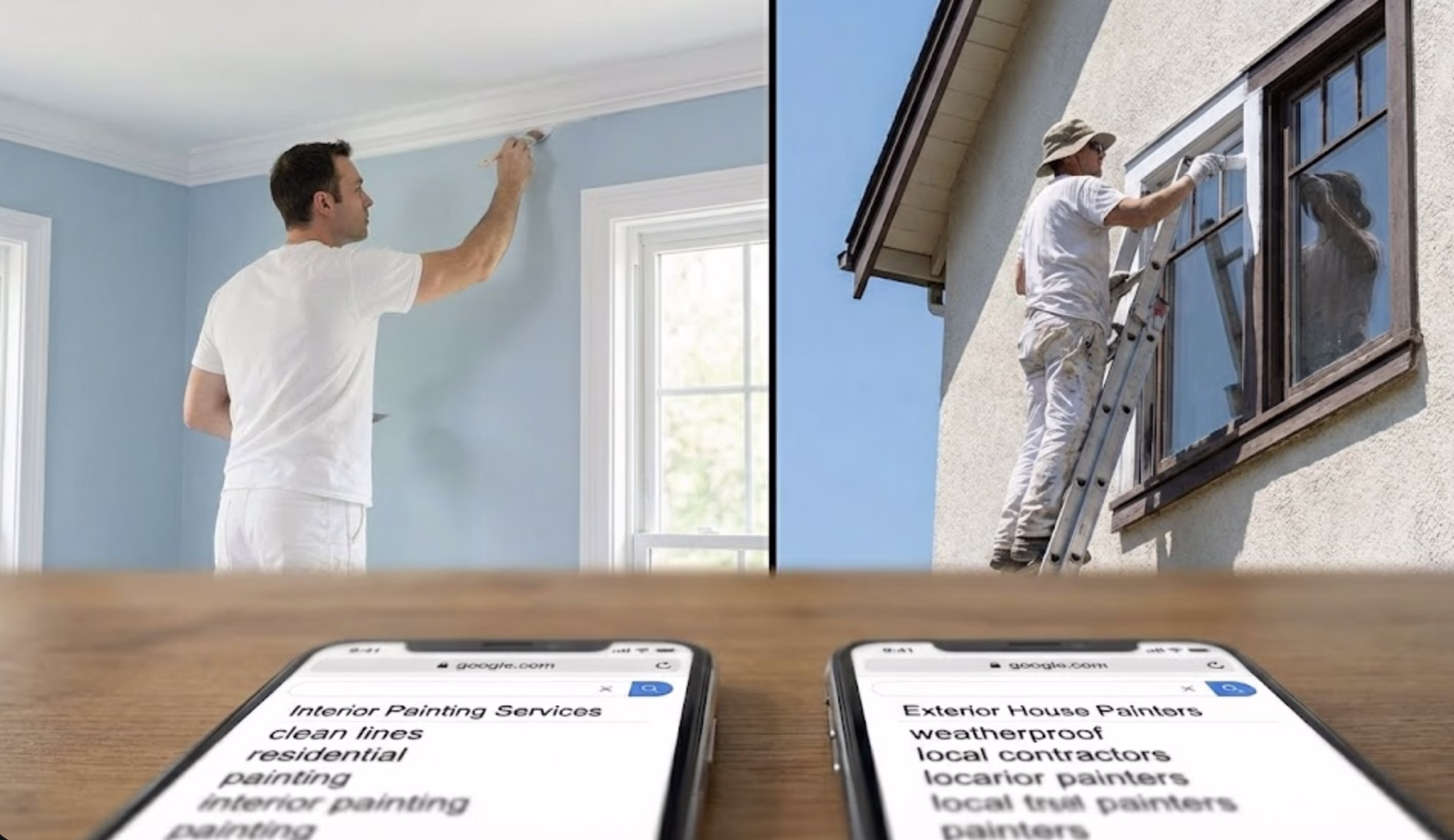 A split image showing an interior painter detailing crown molding on the left, an exterior painter on a ladder painting window trim on the right, and two smartphones in the foreground displaying search results for "Interior Painting Services" and "Exterior House Painters," illustrating different sources of House Painting Leads.