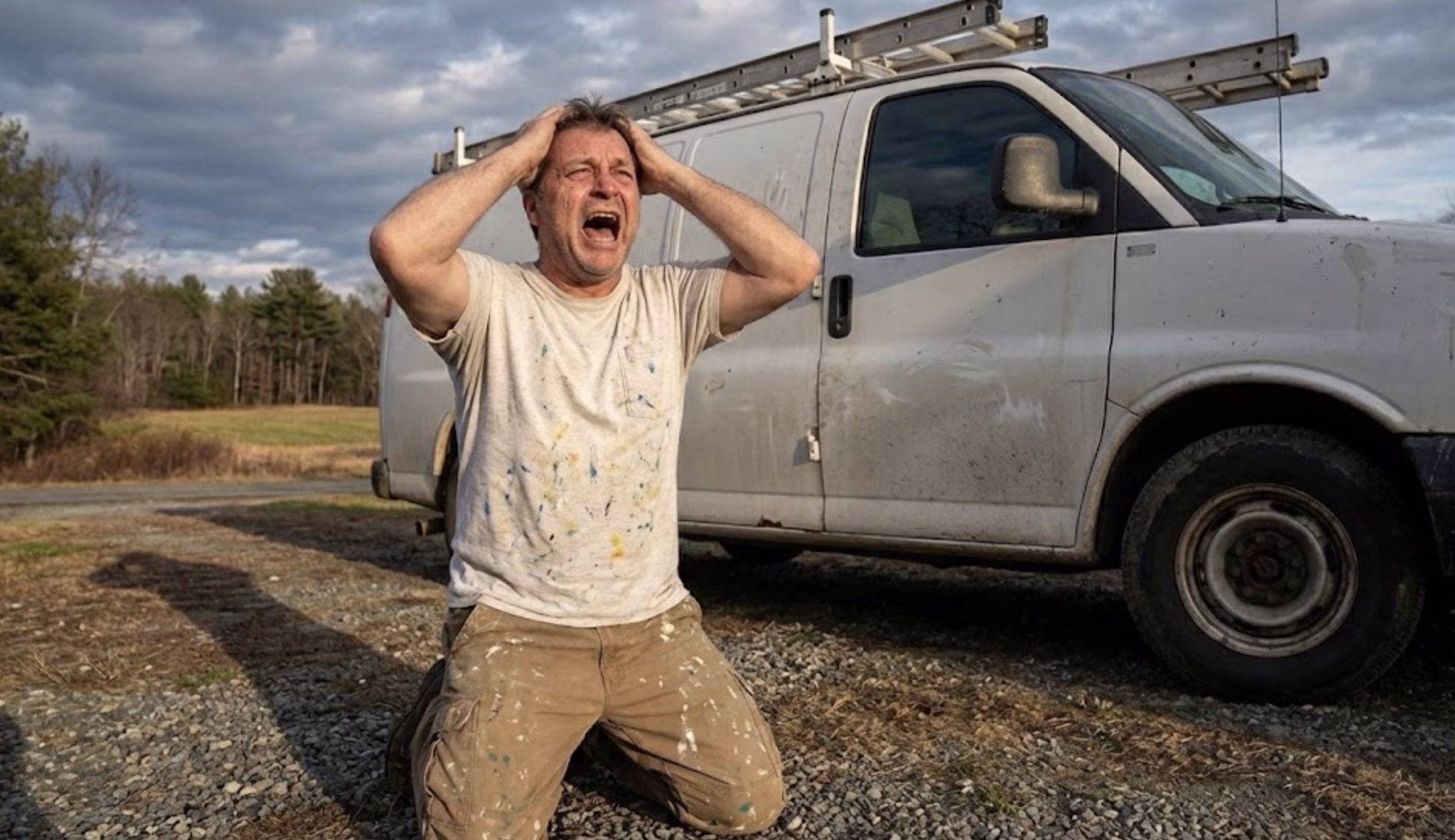 A painter in work clothes is on his knees screaming with his hands on his head next to his work van, showing the emotional stress of mistakes he made with his leads.