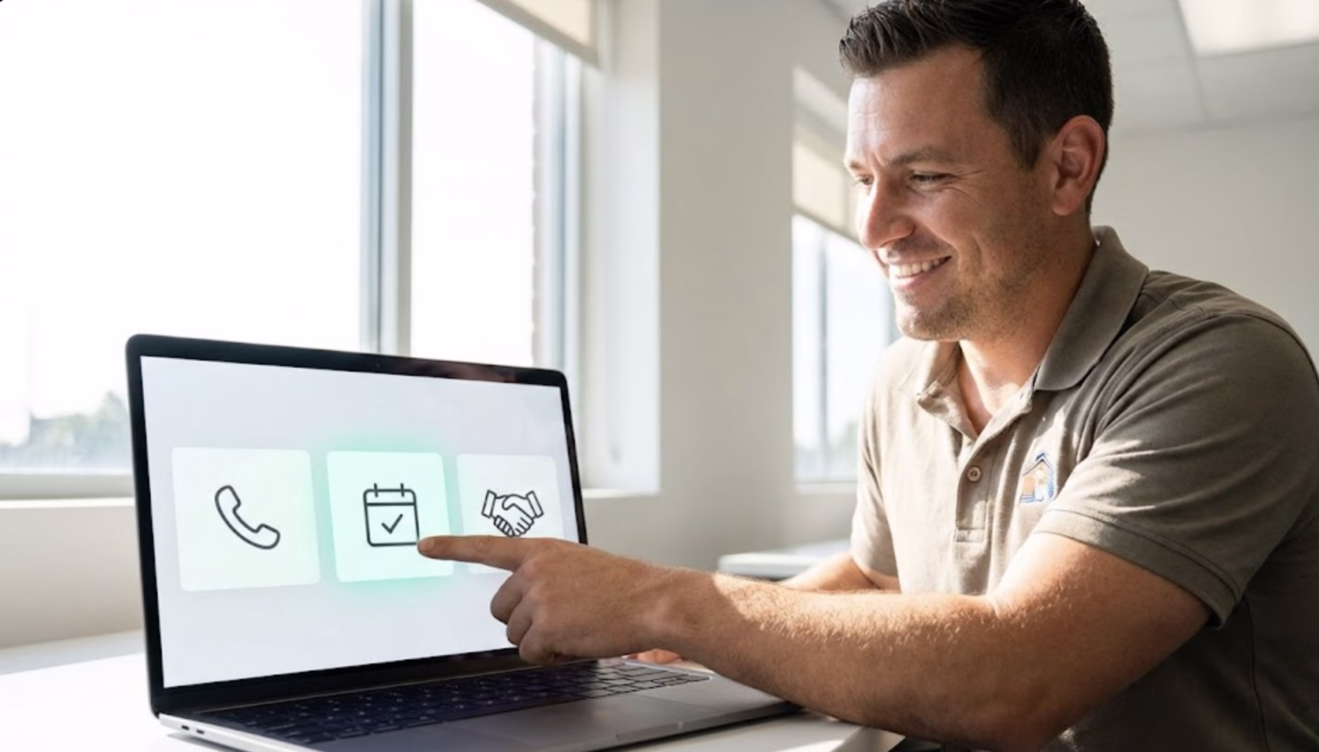 A bright, positive image of a smiling painting business owner pointing confidently at a laptop screen. The screen displays a simple marketing dashboard with three large icons: a phone (leads), a checked calendar (appointments), and a handshake (sales). The image conveys the peace of mind that comes from tracking clear marketing KPIs.