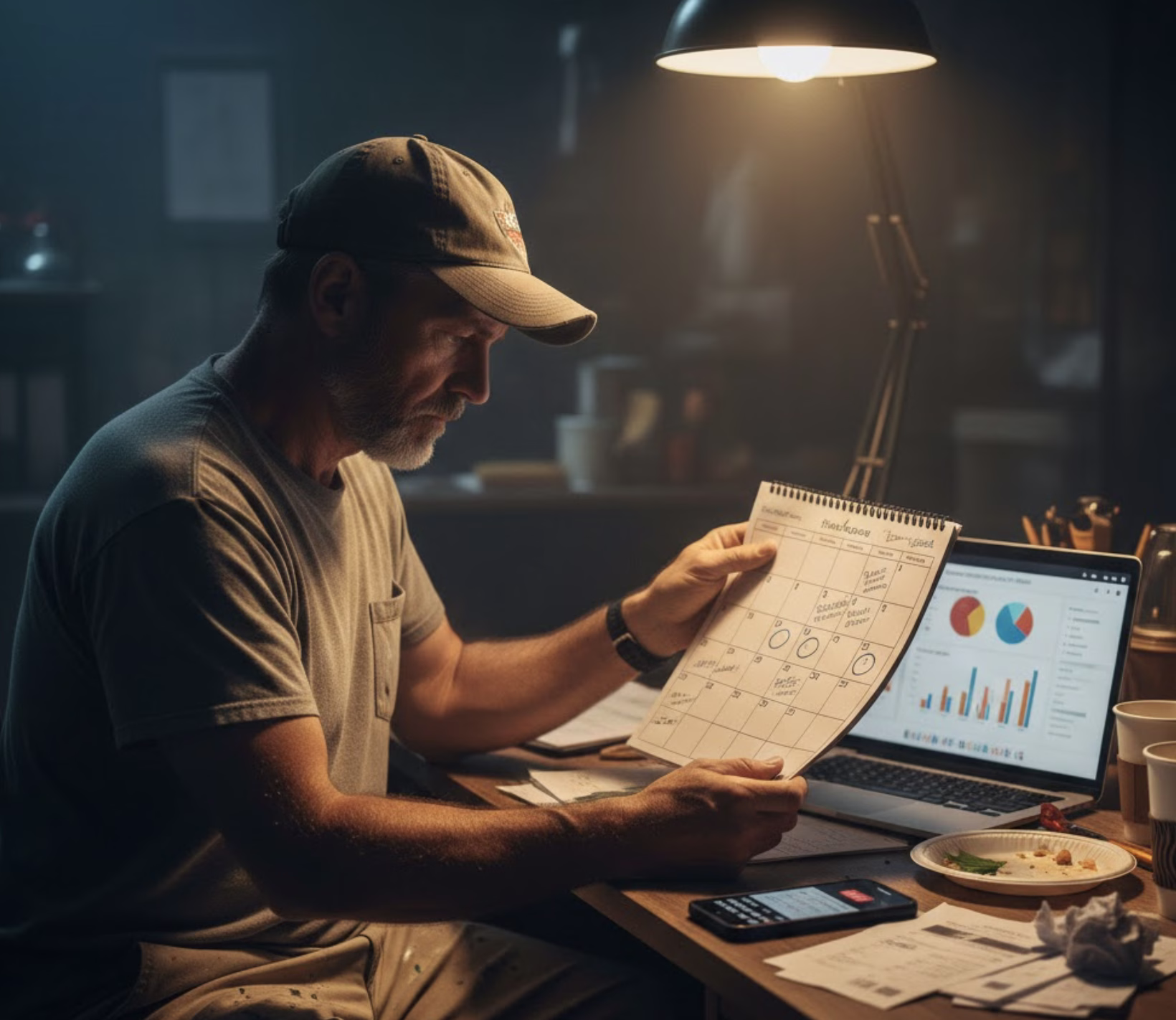 A photo of a painting contractor in a paint-stained shirt and cap, sitting at a desk late at night under a single lamp. He looks stressed while reviewing a sparse calendar with many empty gaps. A laptop beside him displays a Marketing for Painting Contractors analytics dashboard with colorful charts, while scattered invoices and a smartphone sit on the desk, conveying the heavy pressure of business uncertainty.