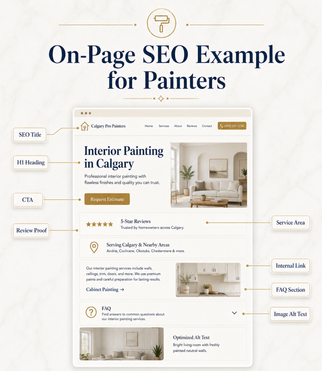 Example of on-page SEO for painters showing optimized title, H1 heading, call to action, reviews, service area, internal links, and FAQ section.